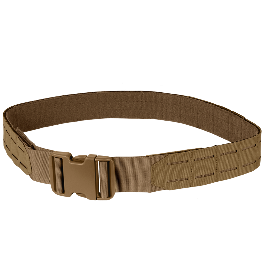 The Condor LCS Gun Belt is a tan tactical belt featuring reinforced stitching and a quick-release buckle, ideal for military or law enforcement use.