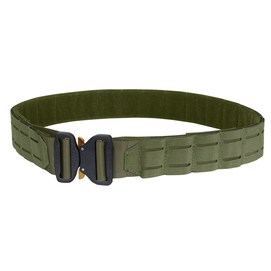 The Condor LCS Cobra Gun Belt is an olive green tactical belt with a black buckle and laser-cut MOLLE slots, built for heavy-duty use.