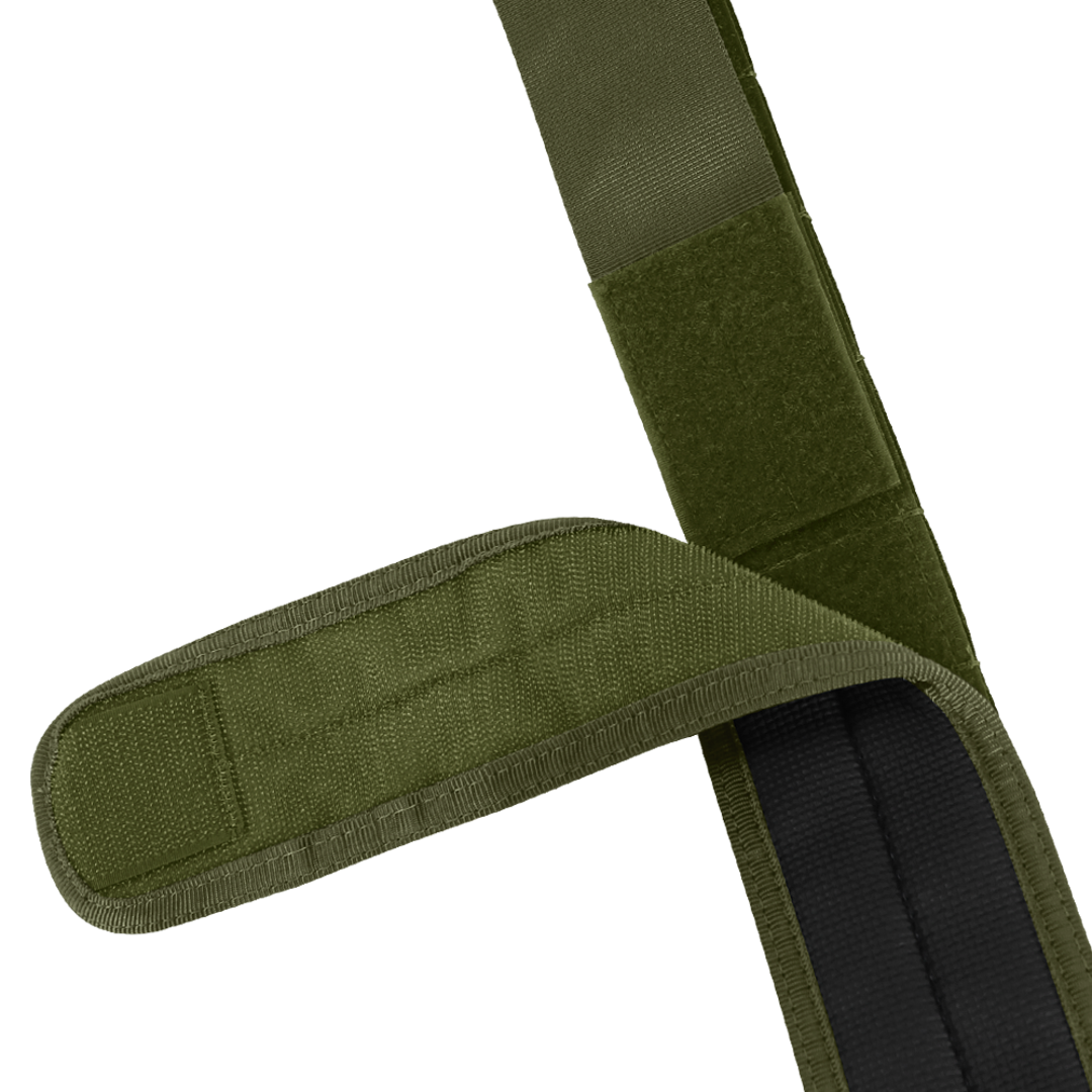 The Condor LCS Cobra Gun Belt is a green adjustable strap with a hook-and-loop fastener, partially open to reveal the black interior lining.