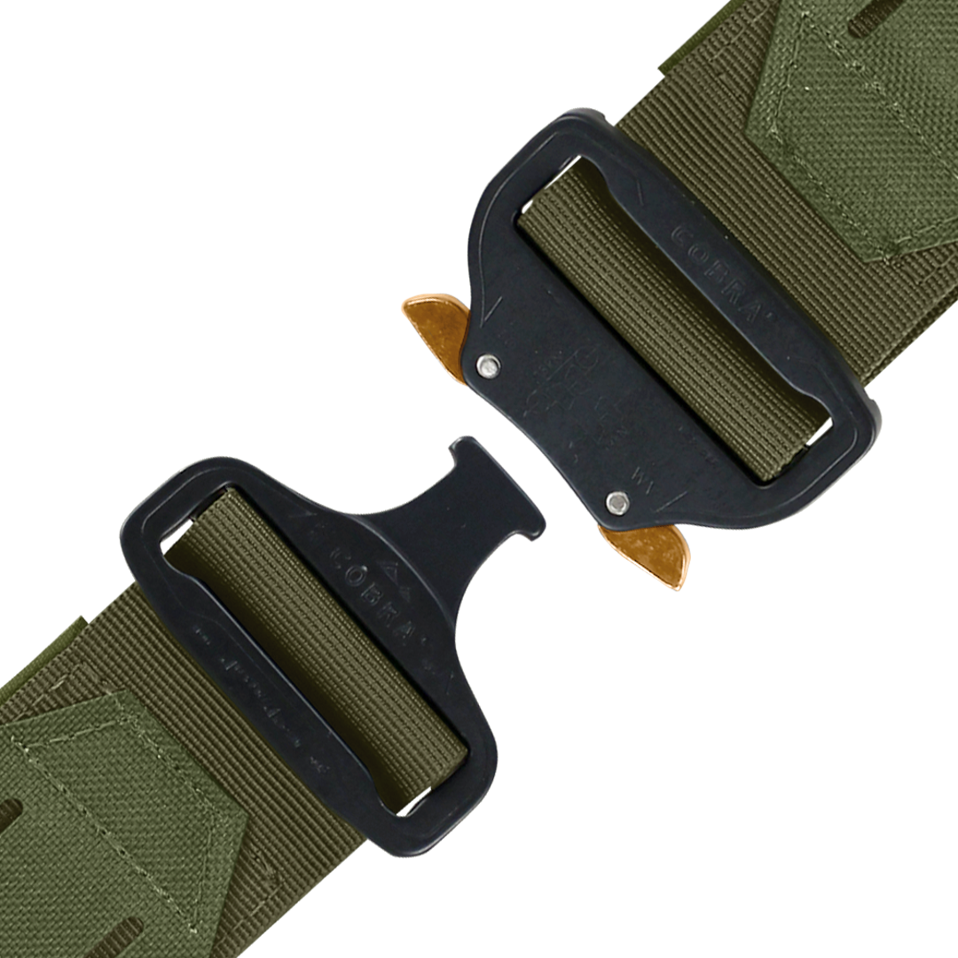 Close-up of the Condor LCS Cobra Gun Belt in olive green, featuring a black metal quick-release buckle partially unclasped and highlighting the detailed stitching and rugged fabric texture.