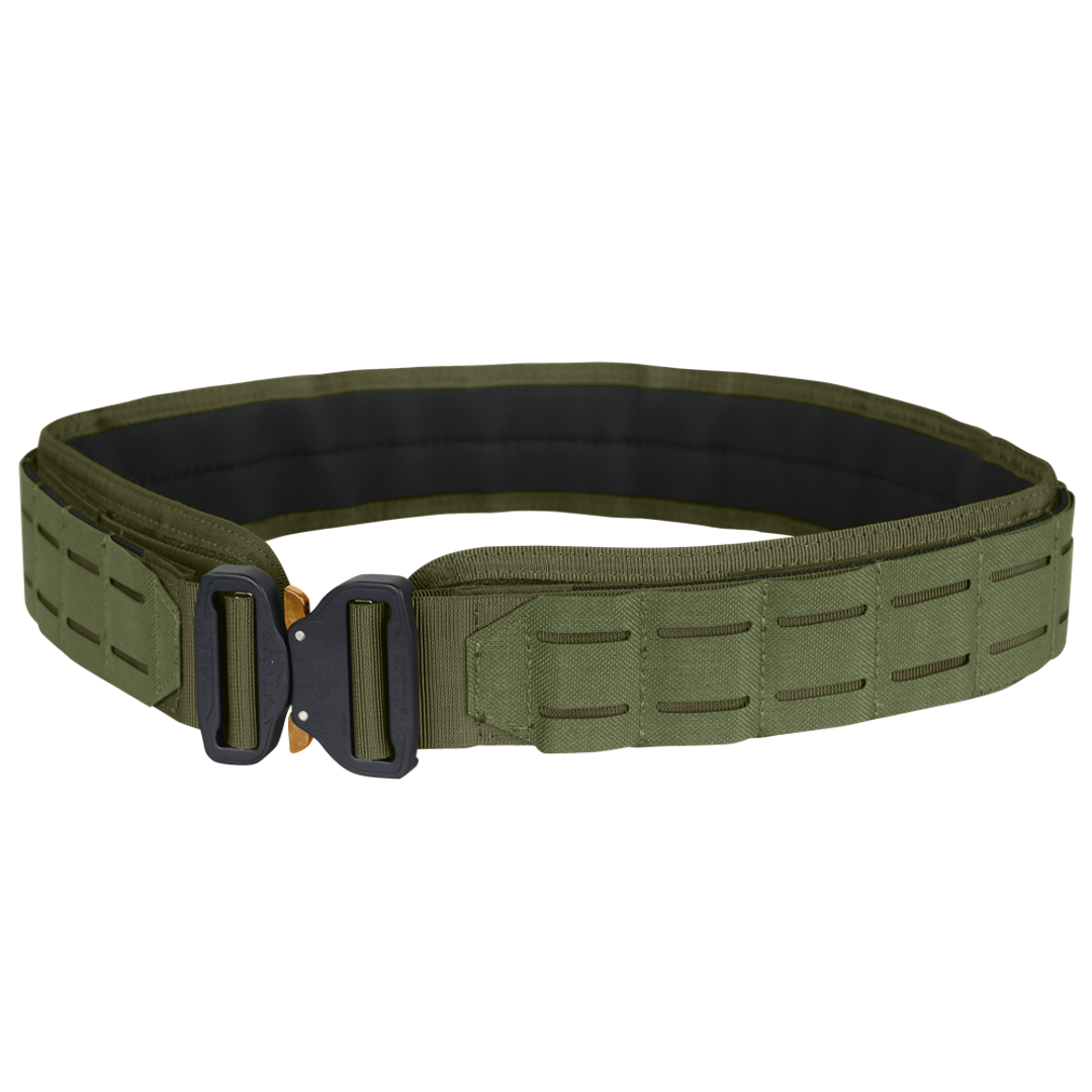 The Condor LCS Cobra Gun Belt in Olive Drab features a black and gold metal buckle, reinforced stitching, and multiple slots along its length.