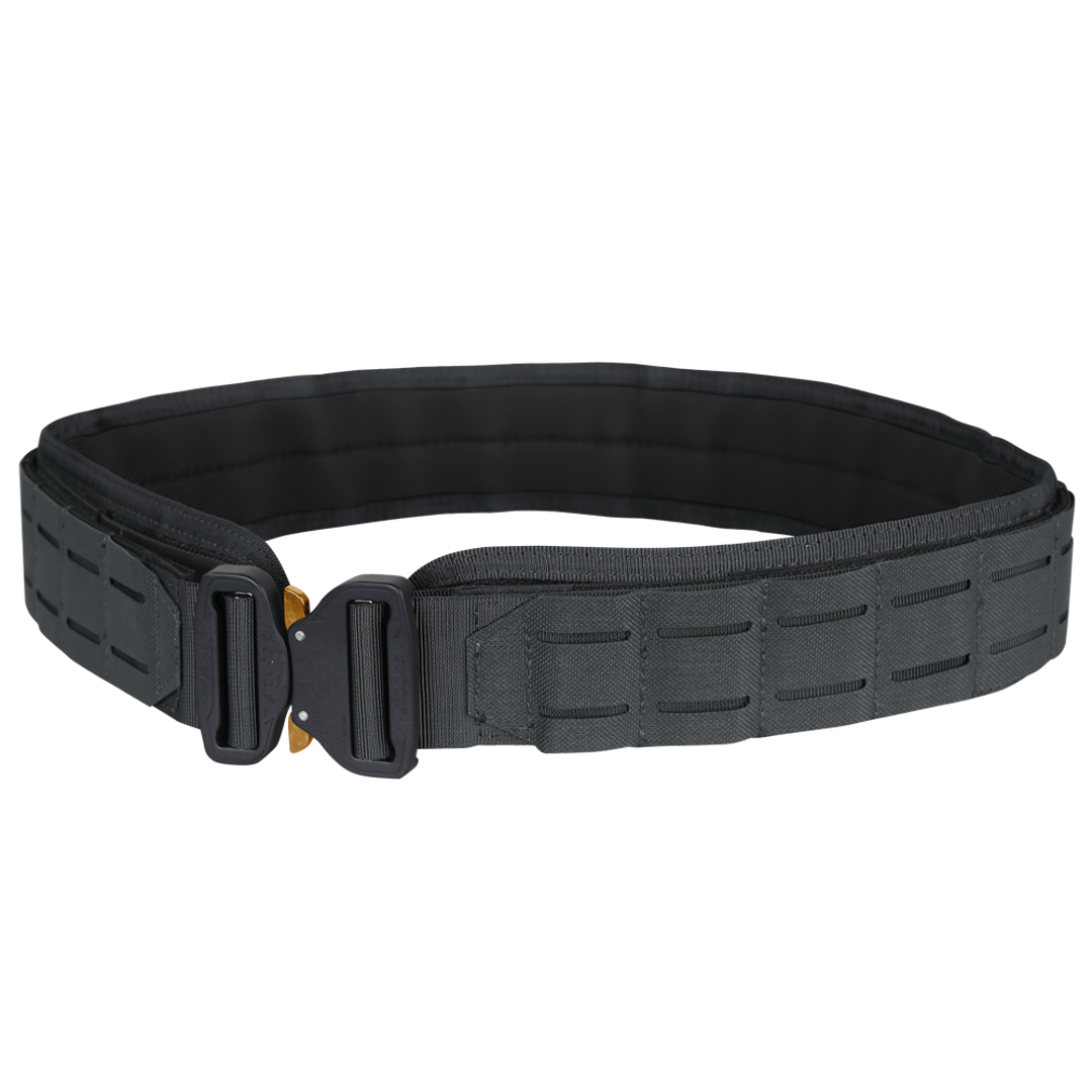 The Condor LCS Cobra Gun Belt features a metal buckle and reinforced, segmented webbing—shown in black on a plain background. Ideal for EDC and trusted by law enforcement and first responders.