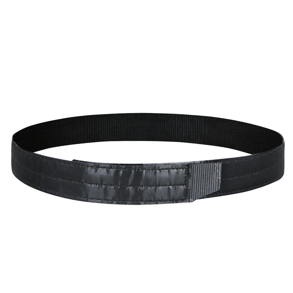 The Condor Inner Belt, a black nylon tactical belt with a hook-and-loop fastener, is shown laid flat in a circular shape against a white background—perfect for EDC or bushcraft.