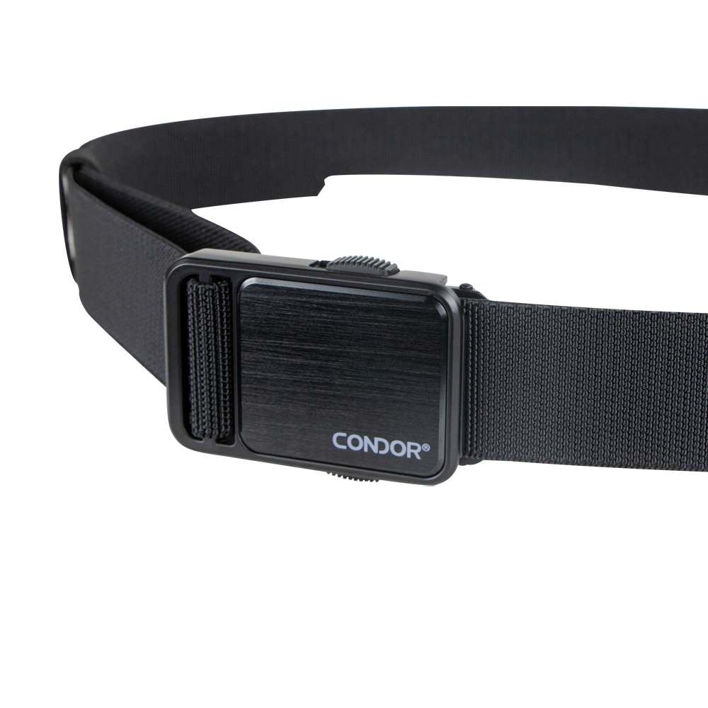 The Condor EDC Belt is a black tactical belt with a rectangular, textured metal buckle featuring the Condor logo—perfect for everyday carry or shooting range use, displayed against a white background.