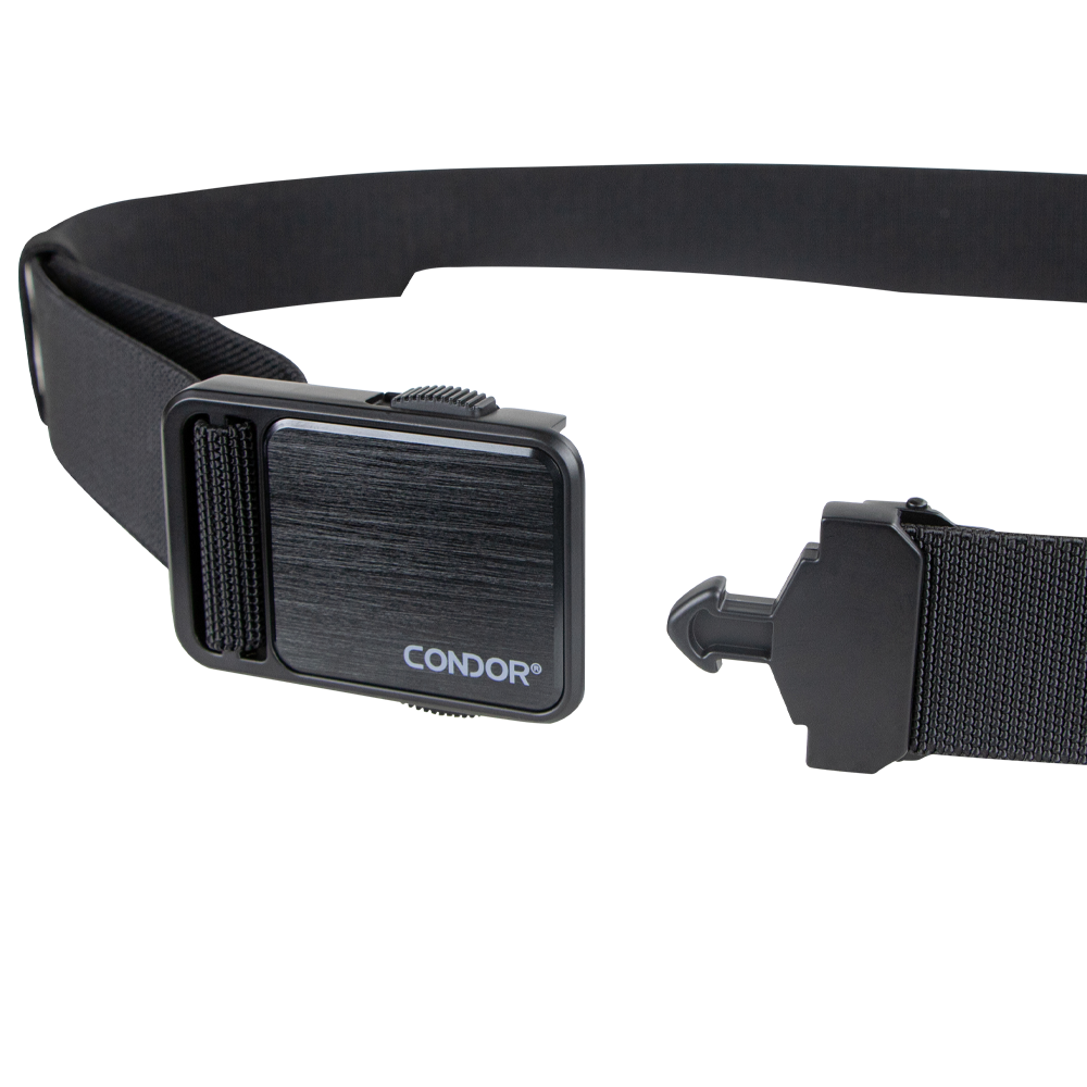 The Condor EDC Belt, a black tactical belt with a metal quick-release buckle, is perfect for everyday carry or law enforcement and is displayed on a white background.