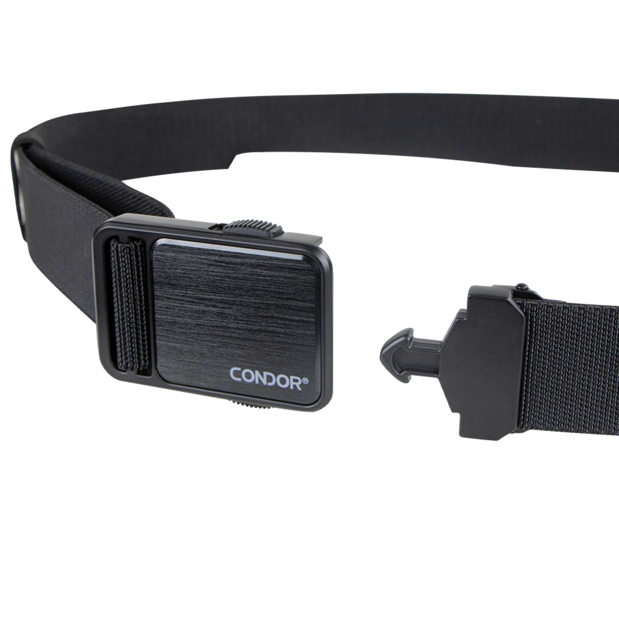 The Condor EDC Belt features black nylon material and a rectangular quick-release black metal buckle, shown against a light background.