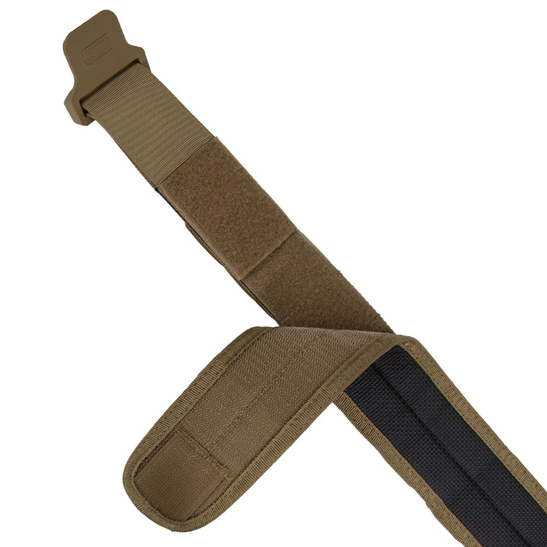 A close-up view of the Condor LCS Vector Belt, a tan fabric strap with adjustable hook-and-loop fasteners, partially unfastened and laid flat—designed for quick, secure gear adjustments by military or first responders.