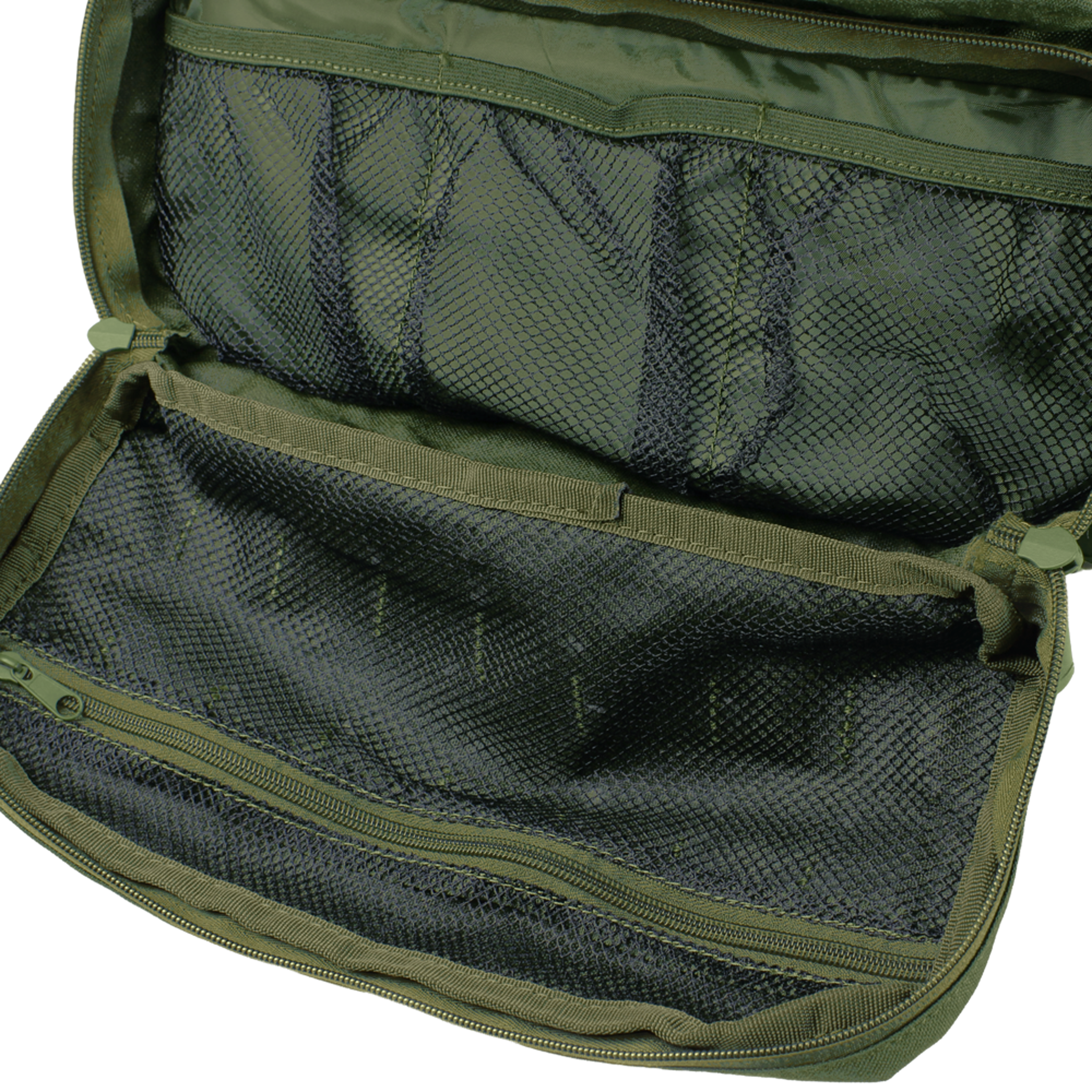 The Condor 3-Day Assault Backpack 50L features an open green zippered pouch with multiple mesh pockets and compartments inside.