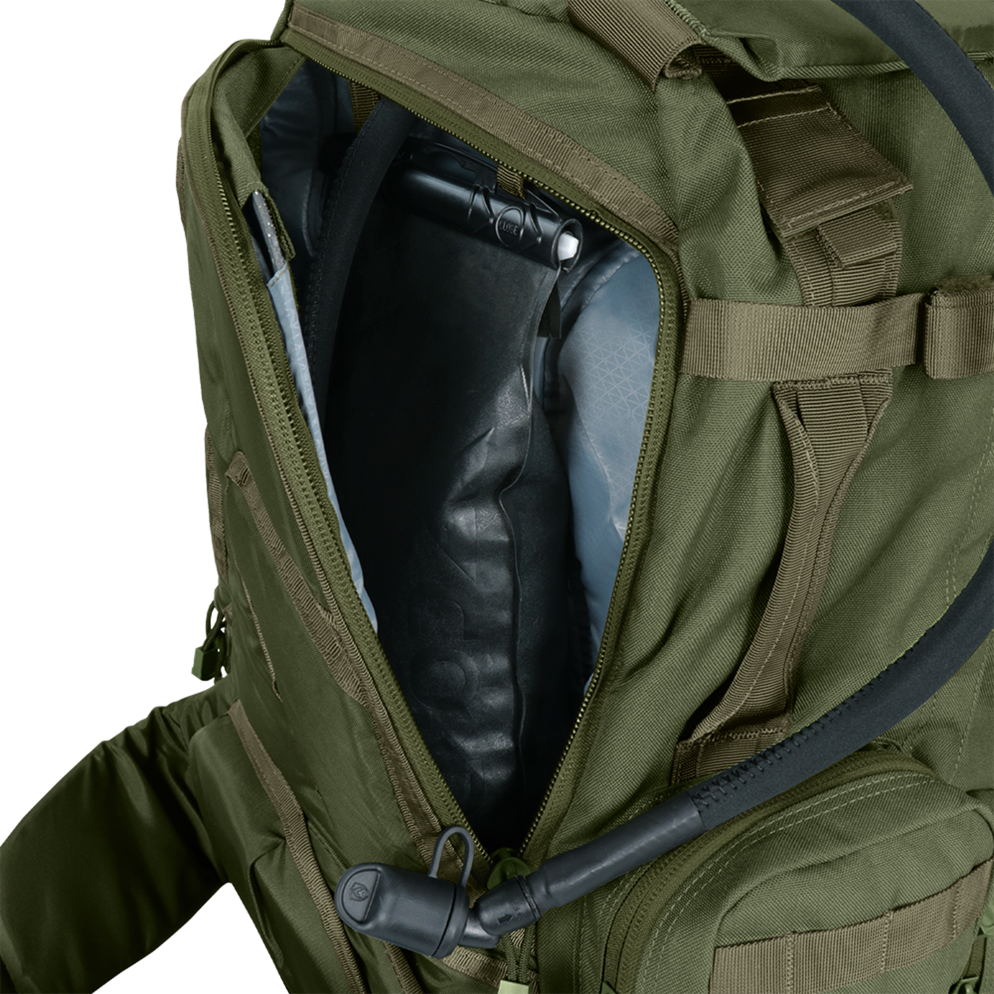 The Condor 3-Day Assault Backpack 50L in olive green features a partially open zipper, revealing an internal water reservoir with a drinking tube extending outward.