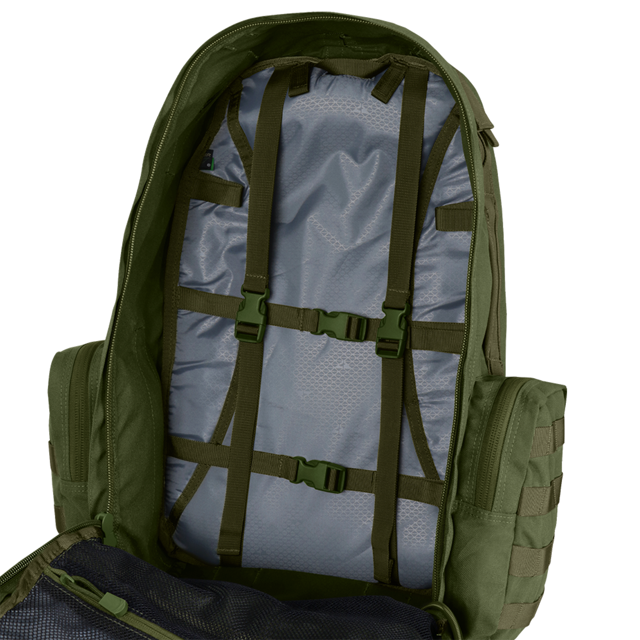 Open Condor 3-Day Assault Backpack 50L in green displays interior with adjustable straps, buckles, mesh pocket on inner flap, and visible side compartments.