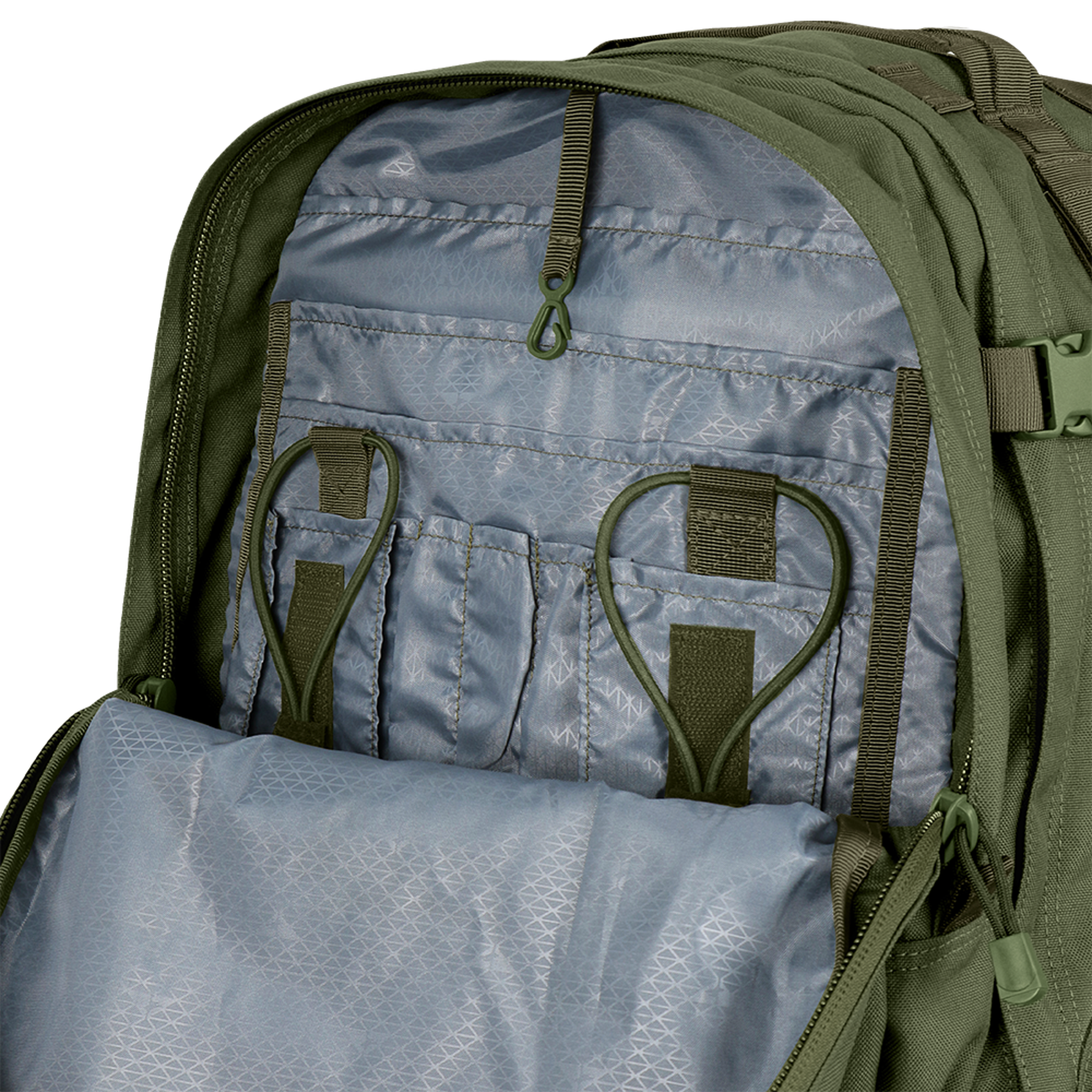 The Condor 3-Day Assault Backpack 50L features an open green design with organized inner pockets, compartments, elastic loops, and a light gray interior lining.