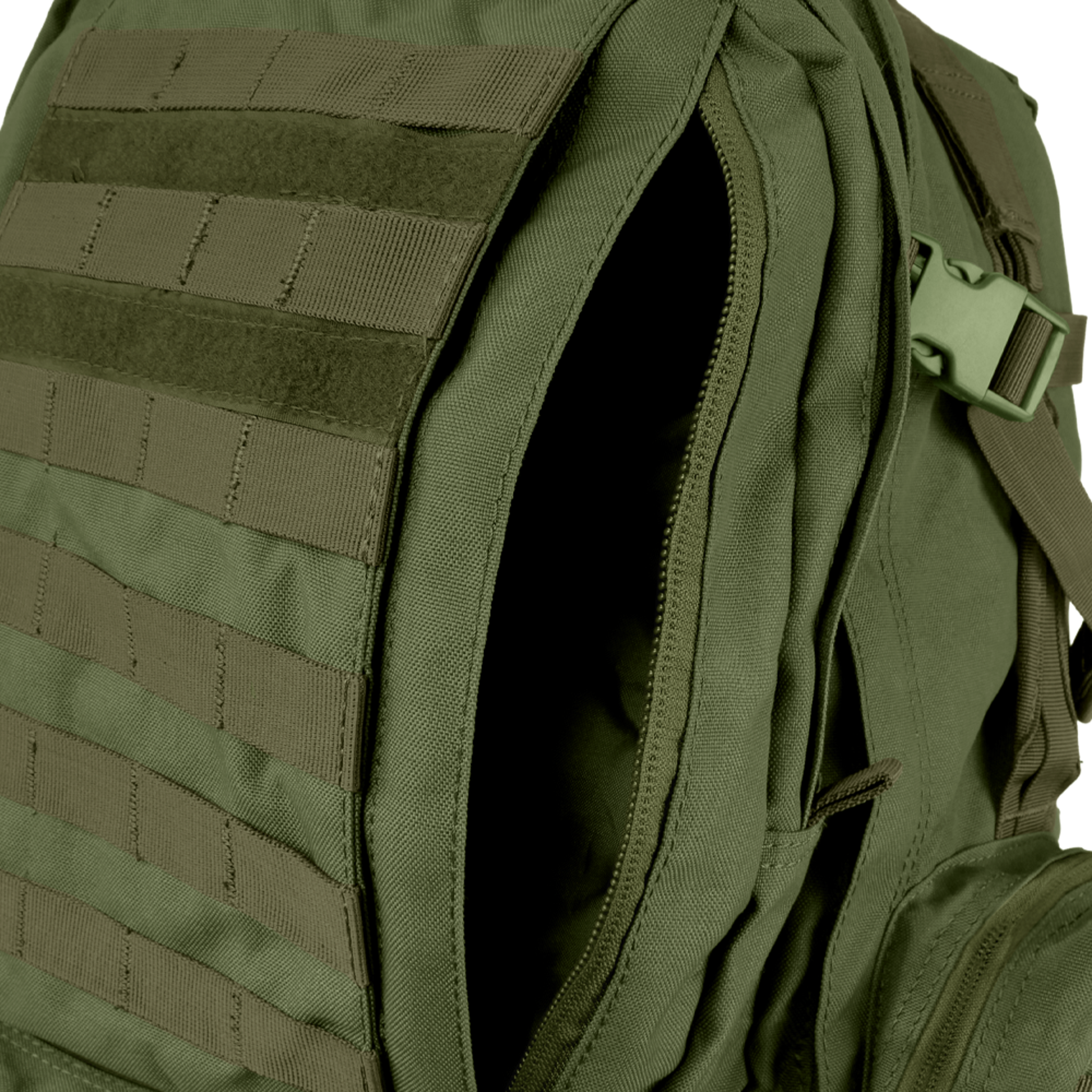 Close-up of the Condor 3-Day Assault Backpack 50L in olive green, featuring MOLLE webbing and an open main compartment.