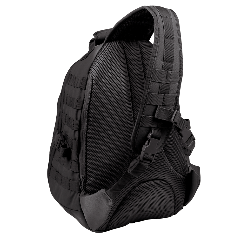 The Condor Ambidextrous Sling 27L is a black tactical backpack with a padded mesh back, adjustable strap, buckles, and webbing loops, designed for law enforcement or military use and shown from the rear.