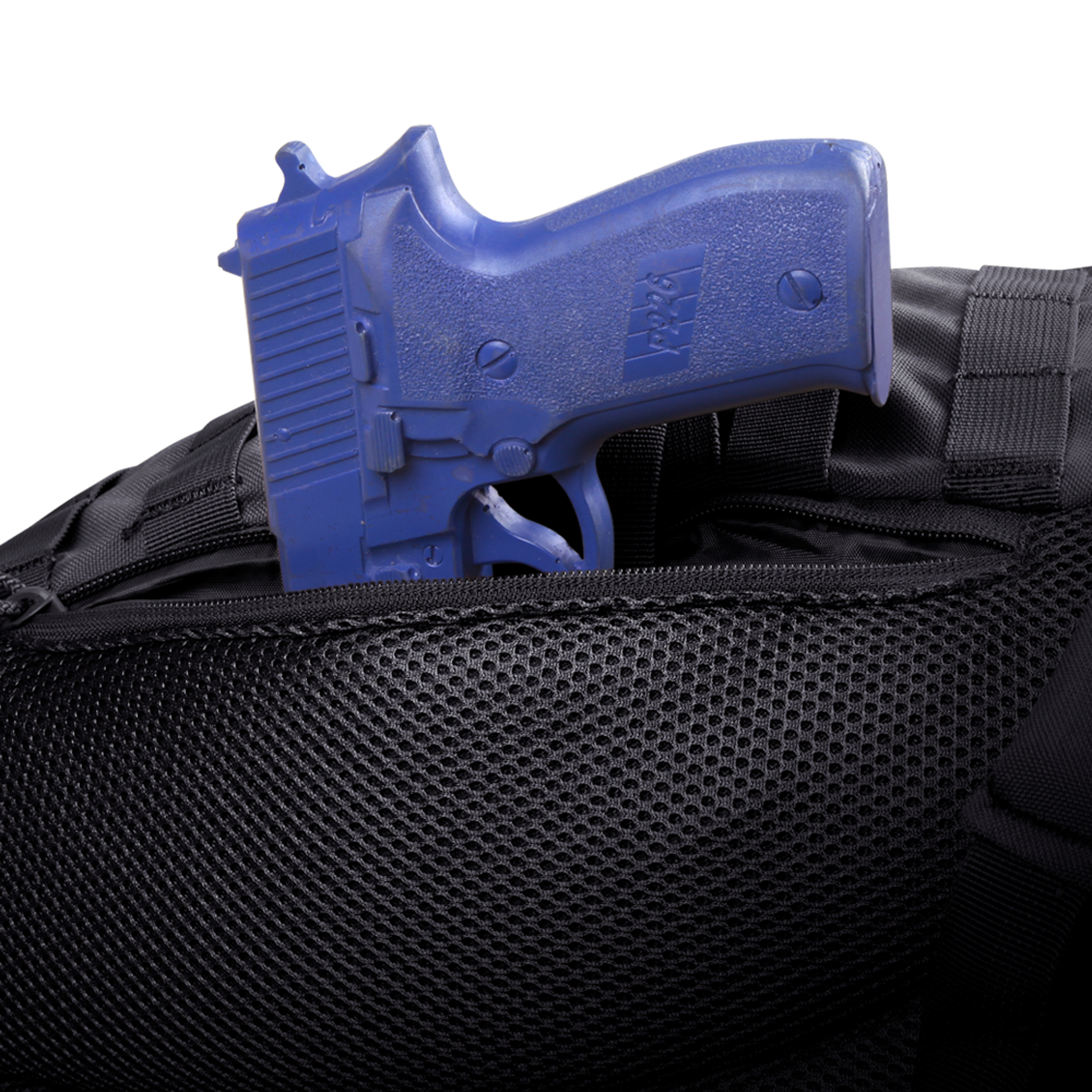 A blue plastic training gun partially sticks out of the unzipped pocket of a Condor Ambidextrous Sling 27L black backpack.