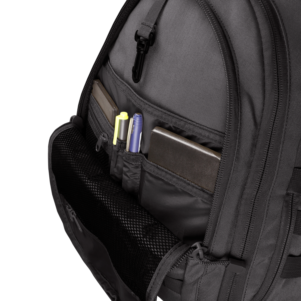 The Condor Ambidextrous Sling 27L, shown in gray with its front pocket open and organized compartments holding two notebooks, a yellow highlighter, a purple pen, and a black pen—perfect for first responder essentials.