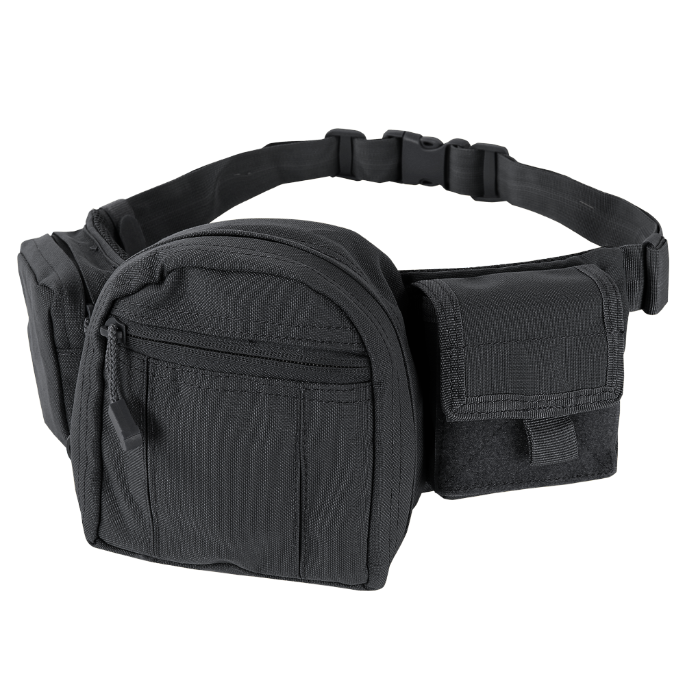 The Condor Fanny Pack, a black utility waist bag with multiple zippered compartments and an adjustable strap for law enforcement or first responders, is shown on a white background.