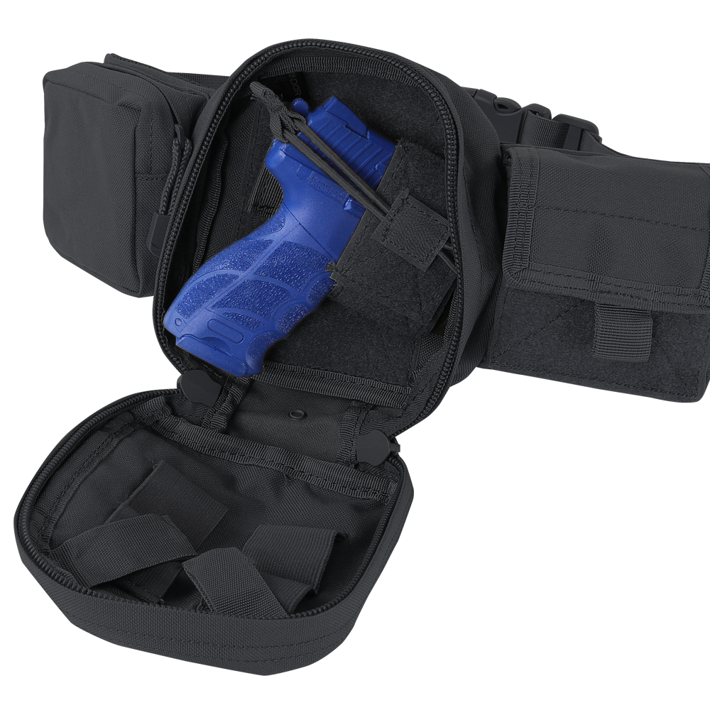 A Condor Fanny Pack holds a blue training pistol, ideal for law enforcement or military training, secured inside its multiple zippered compartments.