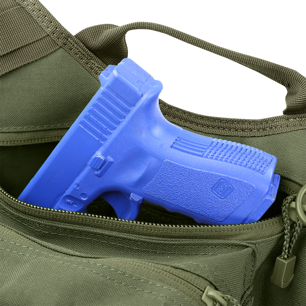 A blue plastic training gun is partially visible inside an open green Condor EDC Bag.