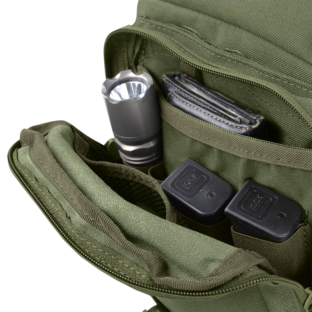 The Condor EDC Bag is shown open, displaying a flashlight, black wallet, and three ammo magazines neatly organized in separate compartments.