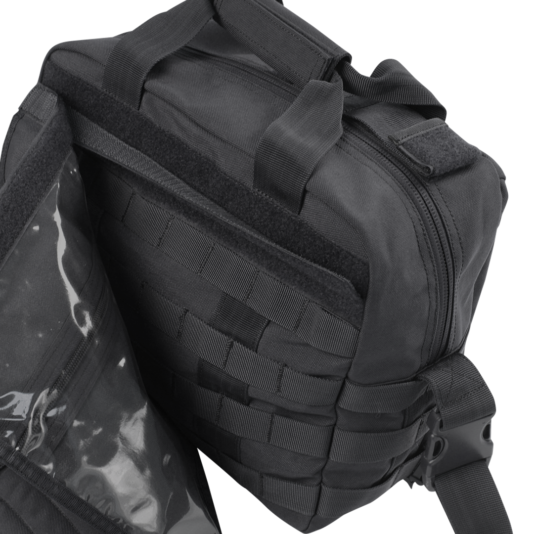 The Condor E & E Bag 9L is a black tactical bag featuring multiple compartments, zippers, webbing, and a clear plastic inner pocket—ideal for EDC or law enforcement use.