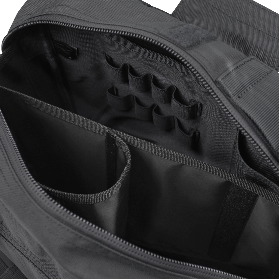The Condor E & E Bag 9L opens to reveal an organized interior with dividers, elastic loops, and compartments—perfect for securely storing gear for law enforcement or bushcraft essentials.