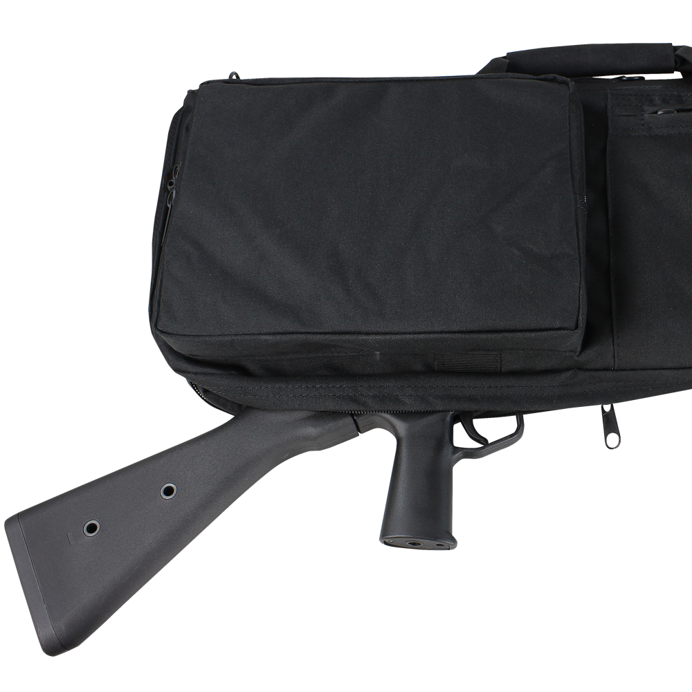 A Condor 38 Rifle Case, in black, reveals part of a rifle’s stock and grip protruding from its zippered opening.