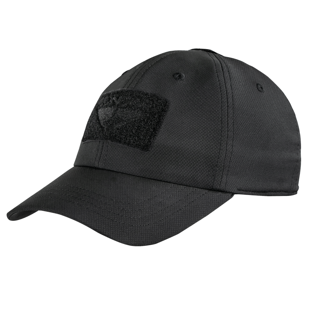The Condor Cool Mesh Tactical Cap is a black cap with a curved brim and rectangular Velcro patch on the front, ideal for law enforcement or first responders.