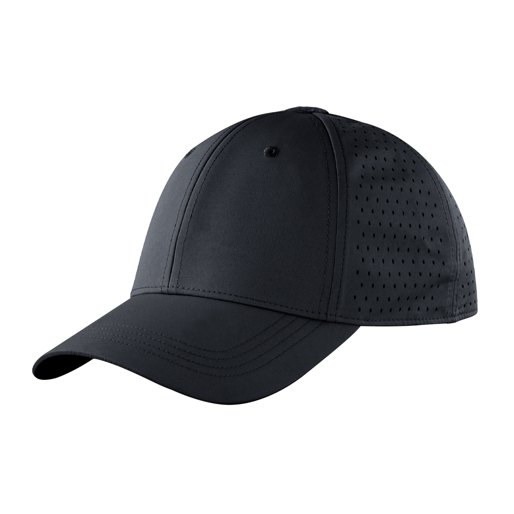 The Condor HydroFit Team Mesh Cap is a black baseball cap with a curved brim and ventilated mesh side panels, offering comfort and style—perfect for military or law enforcement use. Shown on a plain background.