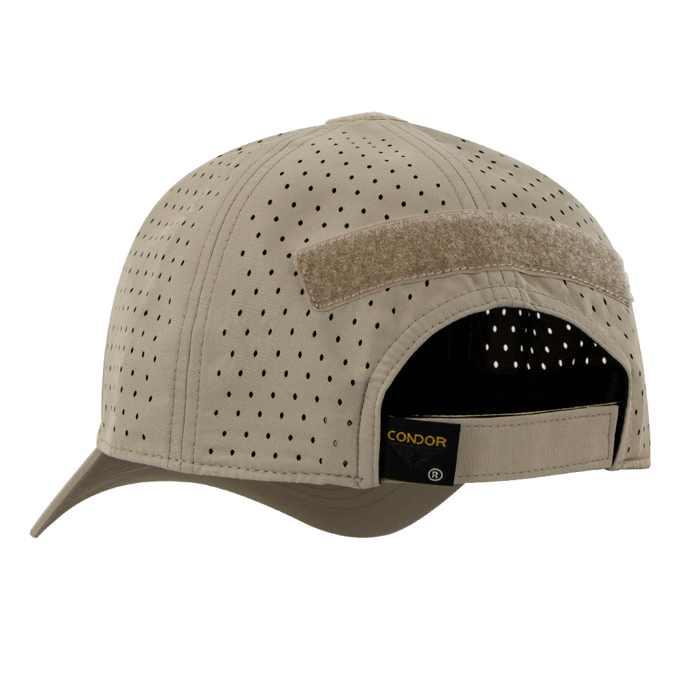 The Condor HydroFit Team Mesh Cap is a beige ventilated baseball cap with a hook and loop patch on the back, ideal for tactical use, and features the Condor logo label near the adjustable strap.