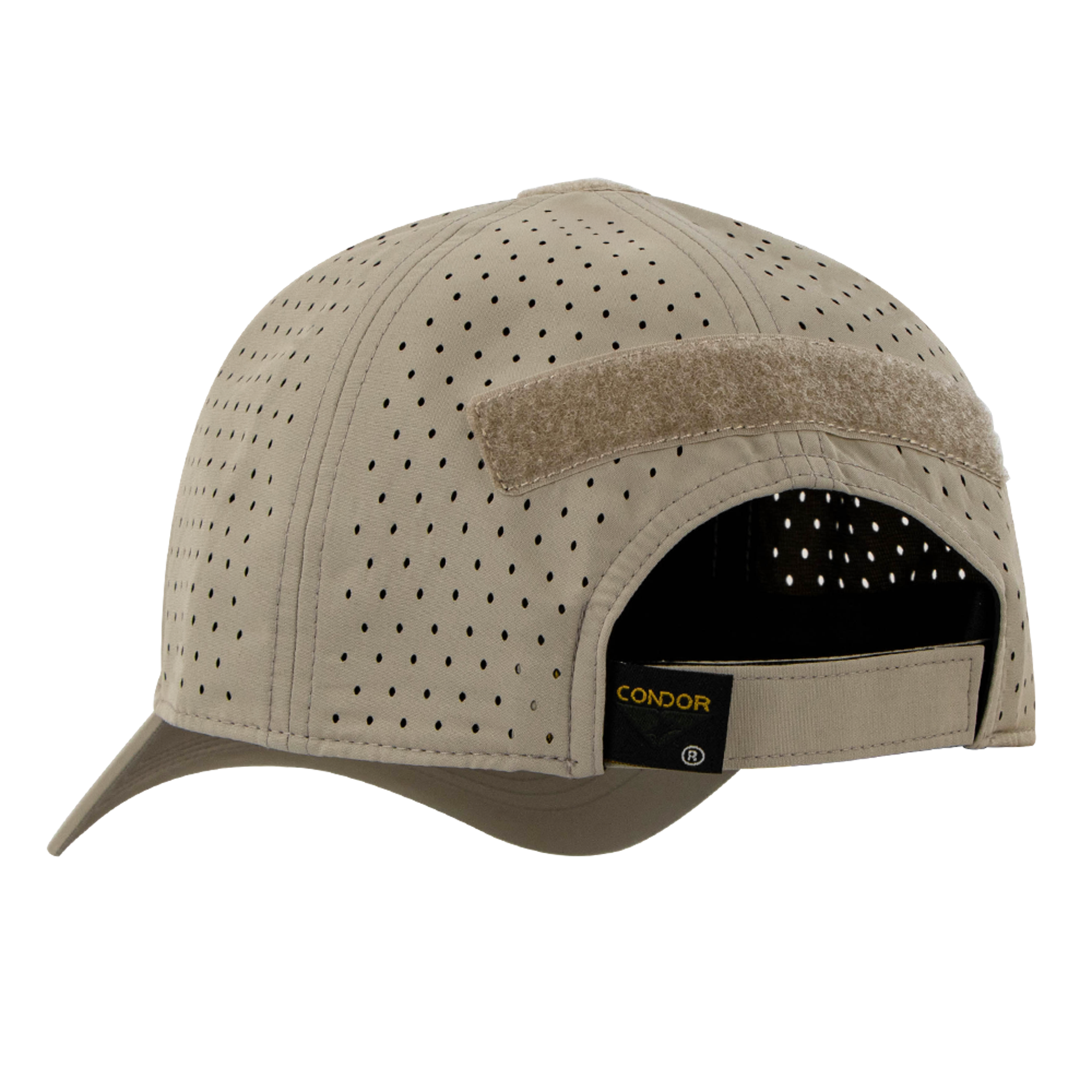 The Condor HydroFit Team Mesh Cap features a khaki perforated design, curved brim, and Velcro back patch. The Condor label is visible near the adjustable strap.