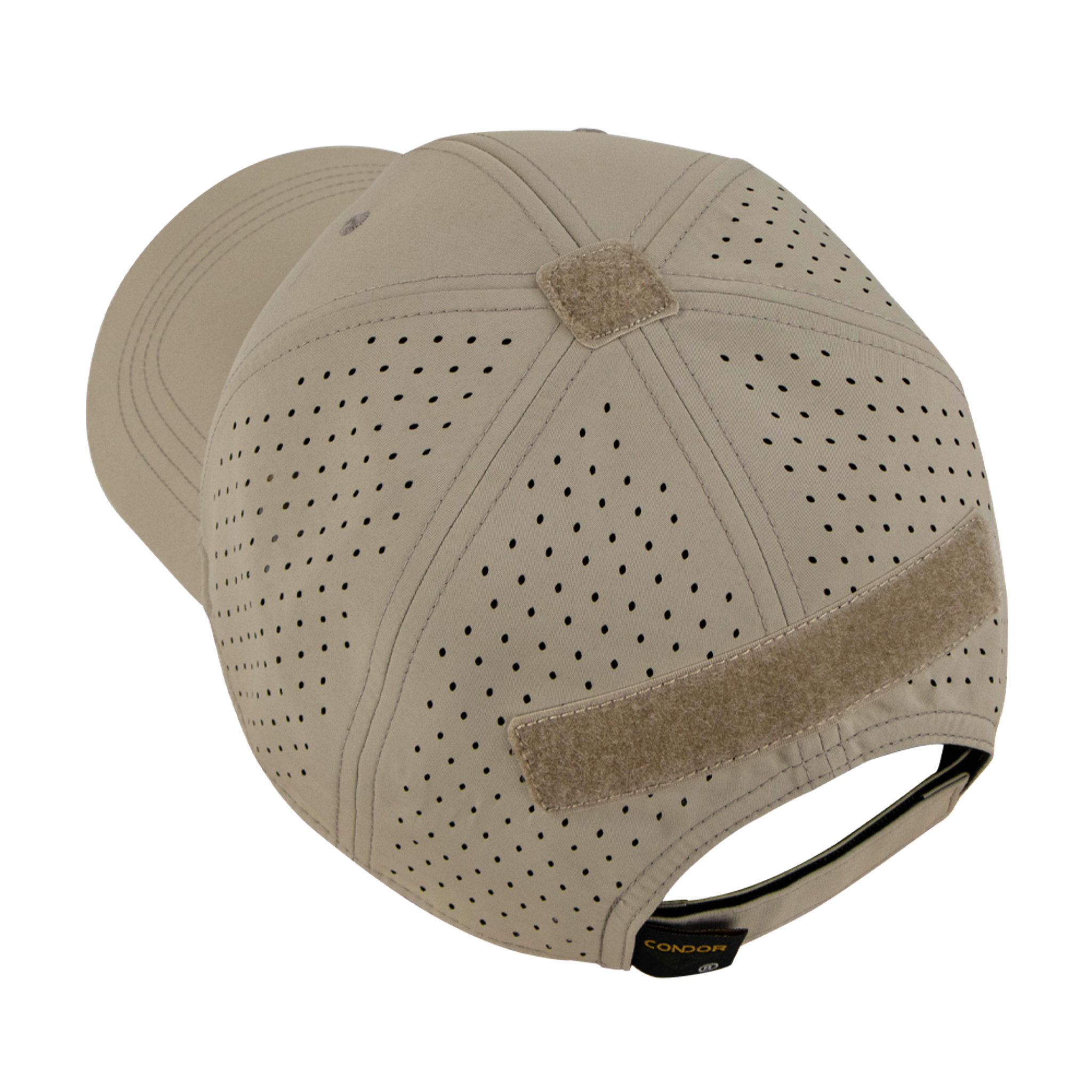 The Condor HydroFit Team Mesh Cap is a tan perforated baseball cap featuring velcro patches on the back and top, plus an adjustable strap.