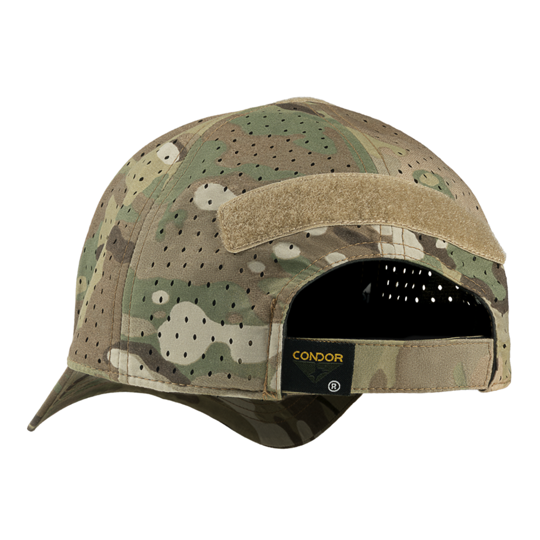 The Condor HydroFit Team Mesh Cap in MultiCam features a camouflage pattern, ventilation holes, velcro patches, and a black Condor brand label above the adjustable strap.