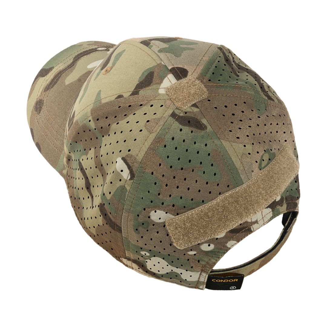 The Condor HydroFit Team Mesh Cap - MultiCam features ventilation holes, hook-and-loop patches, and an adjustable strap at the back.