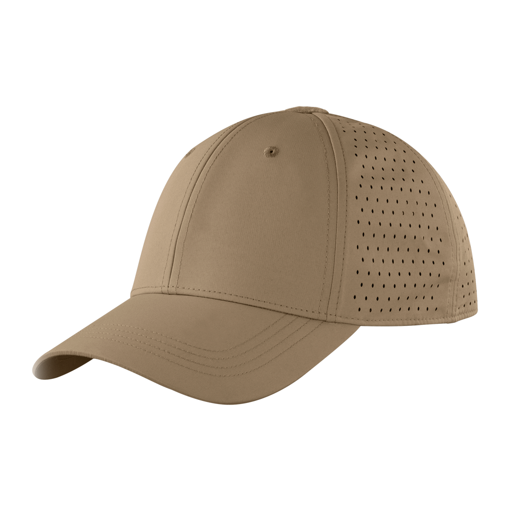 The Condor HydroFit Team Mesh Cap is a tan baseball cap with a curved visor and mesh side panels for ventilation, designed for Military or First Responder use, shown on a white background.