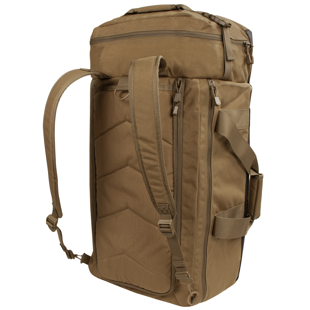 The Condor Colossus Duffle Bag 60L is a tan tactical bag for military and law enforcement, featuring padded shoulder straps, multiple zippered compartments, and side handles. Shown standing upright.