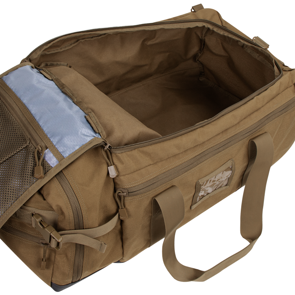 The Condor Colossus Duffle Bag 60L, shown in tan with its main compartment open, reveals a roomy interior and inner mesh pocket—perfect for organizing first responder or military gear.