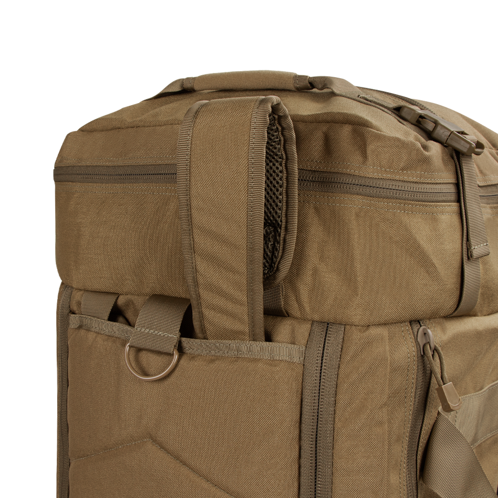Close-up of the Condor Colossus Duffle Bag 60L in brown, featuring a top handle, zipper, and a metal D-ring on a fabric loop—perfect for first responders or law enforcement.