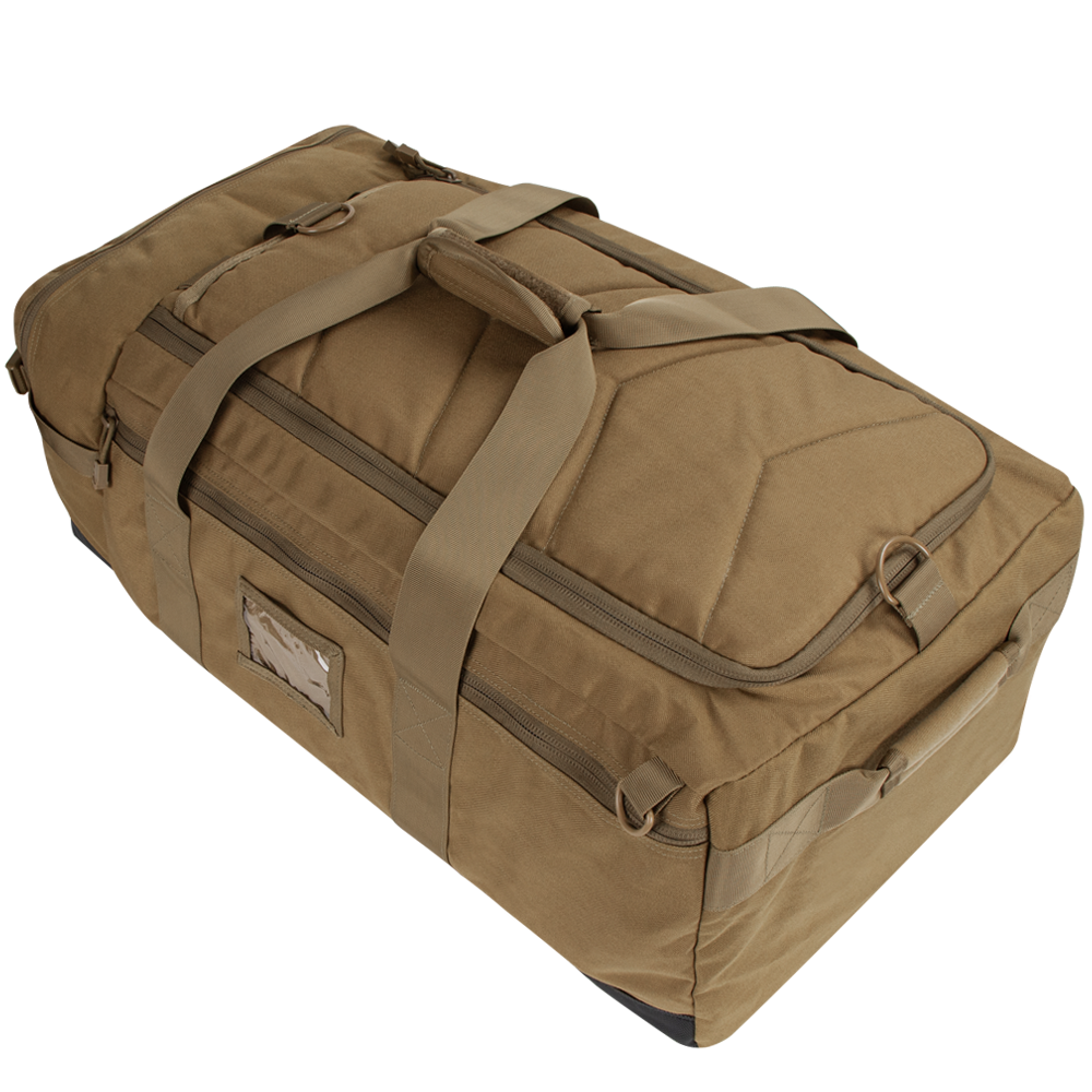 The Condor Colossus Duffle Bag 60L in tan is shown on a white background, featuring multiple zippered compartments, carrying handles, and shoulder straps.