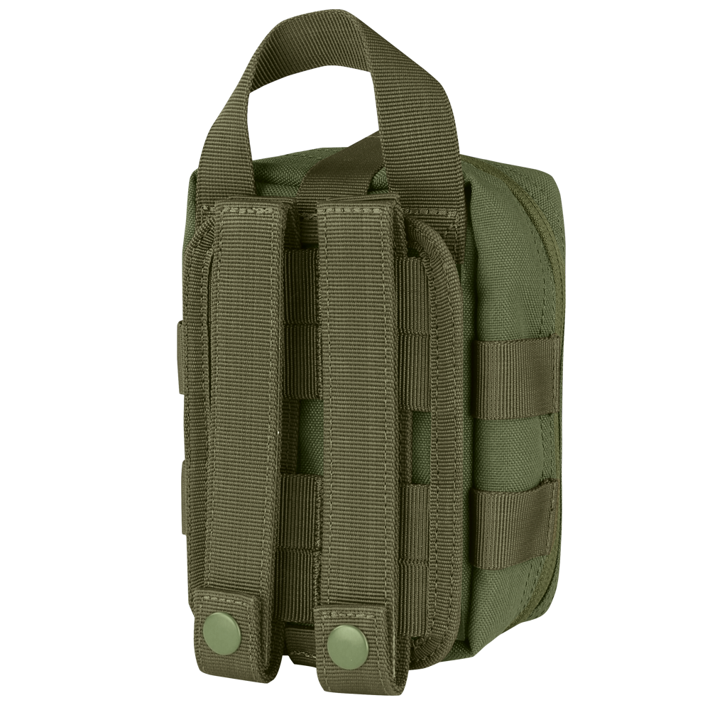 The Condor Rip-Away EMT Pouch Lite is a green tactical pouch featuring a top handle, two vertical straps with snap buttons on the back, and horizontal webbing for attachment.