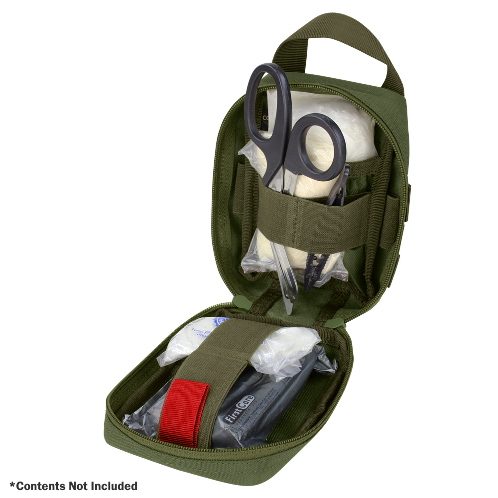The Condor Rip-Away EMT Pouch Lite is an open green first aid bag with empty compartments, featuring slots for medical supplies and trauma shears; contents not included.