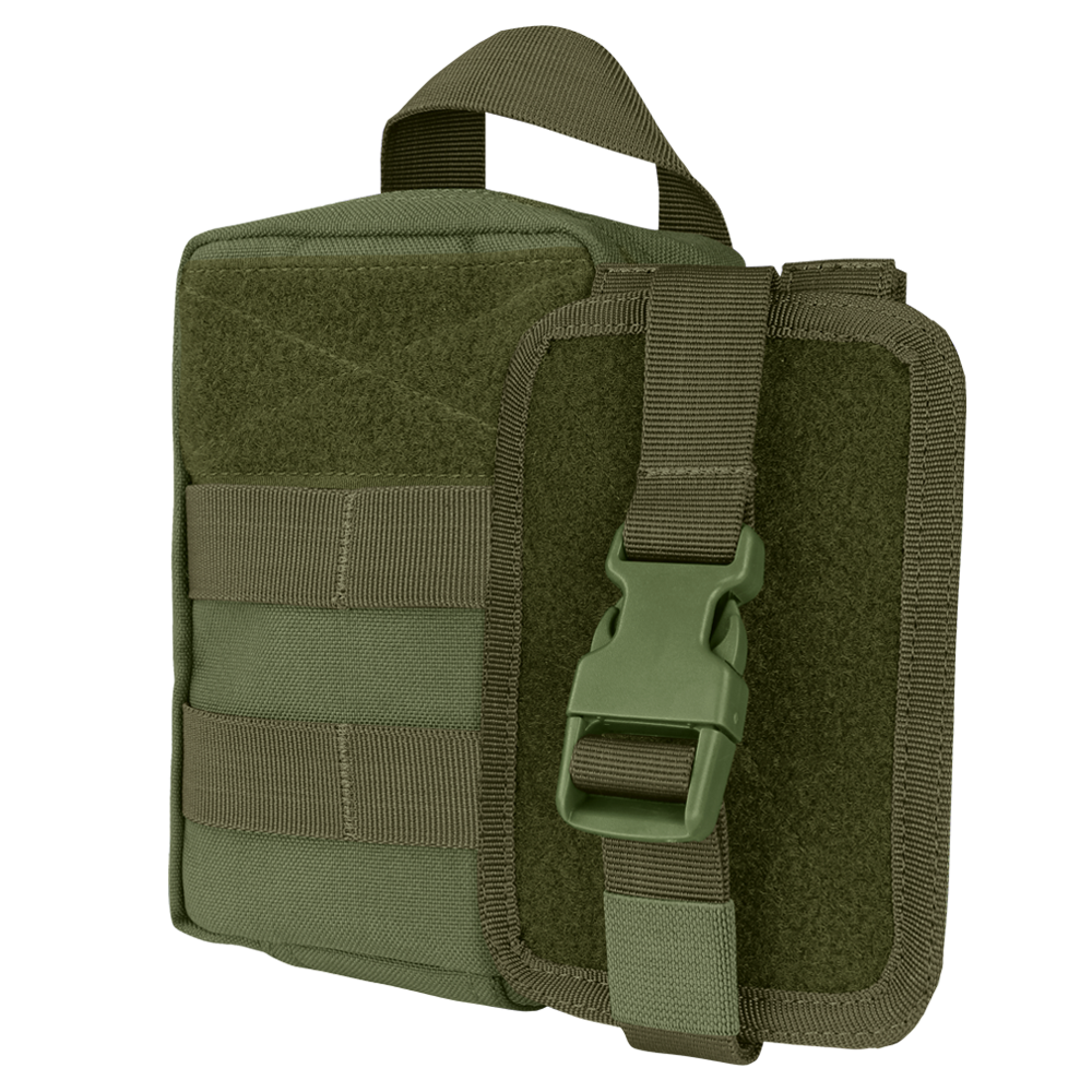 The Condor EMT Leg Rig is an olive green tactical pouch with a handle, front buckle strap, and MOLLE webbing, designed for organizing gear and attaching to backpacks or vests.