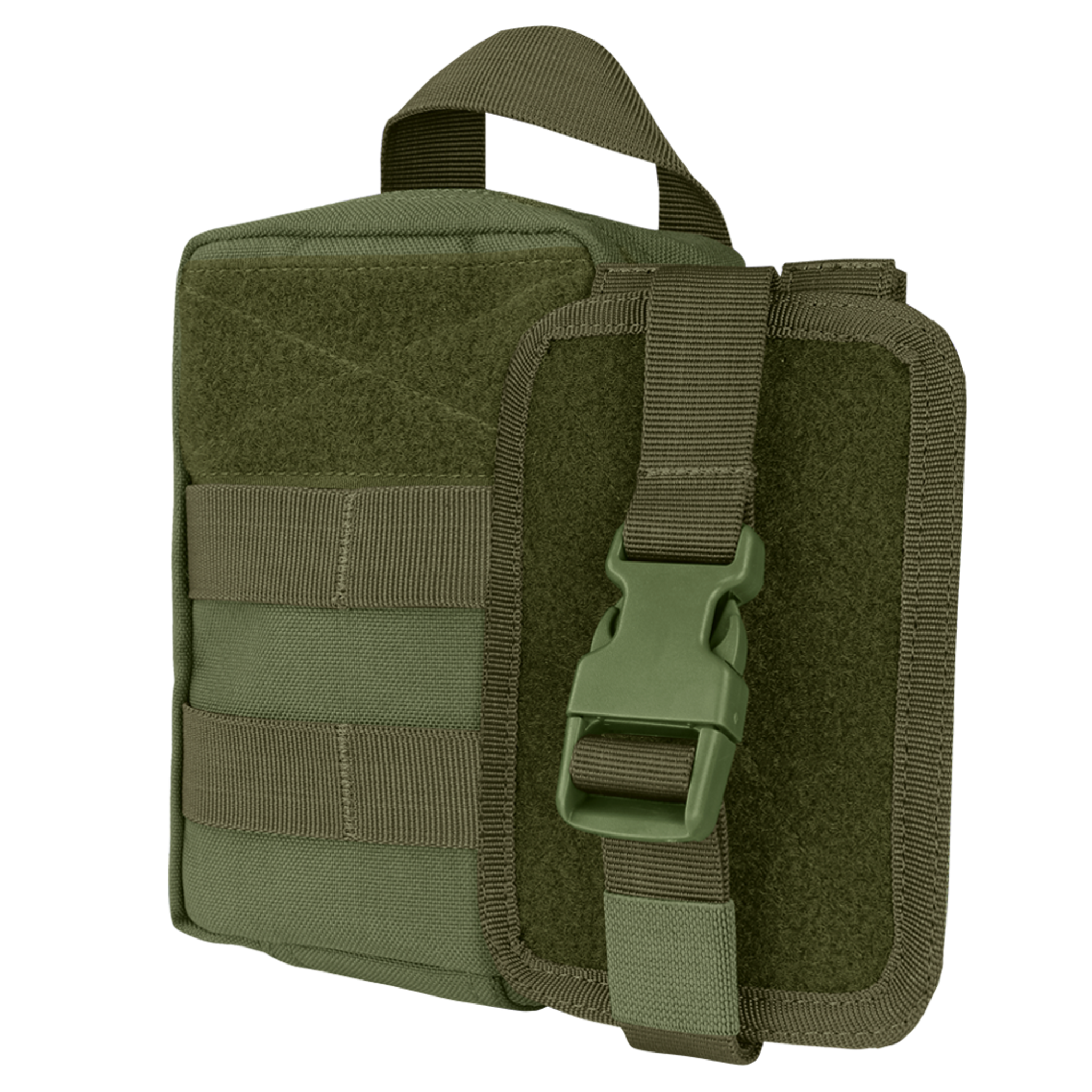 The Condor Rip-Away EMT Pouch Lite is olive green, features a top handle, buckle closure, and multiple front attachment straps.