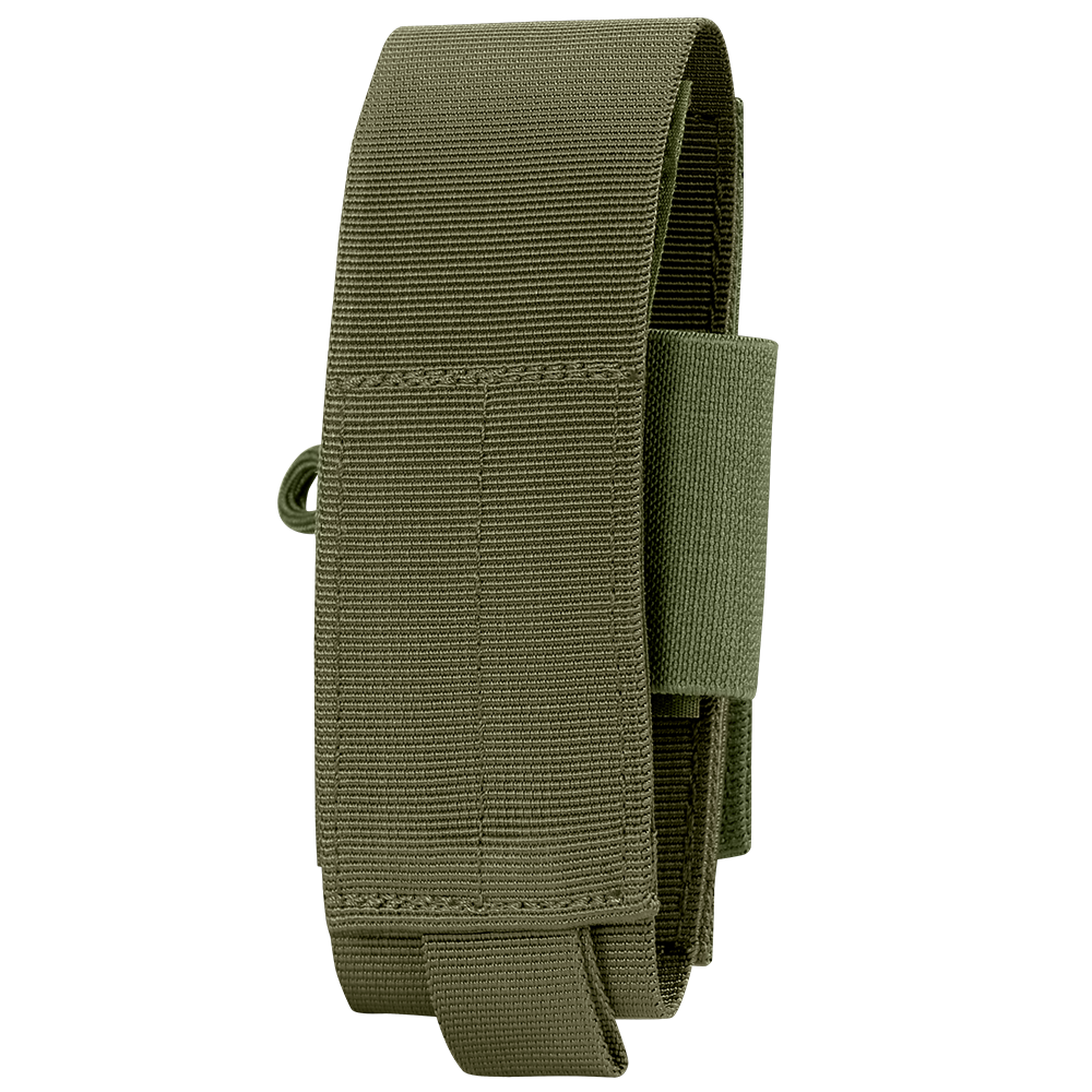 The Condor Universal TQ Pouch in Olive Drab features reinforced stitching and a loop, displayed vertically against a white background.