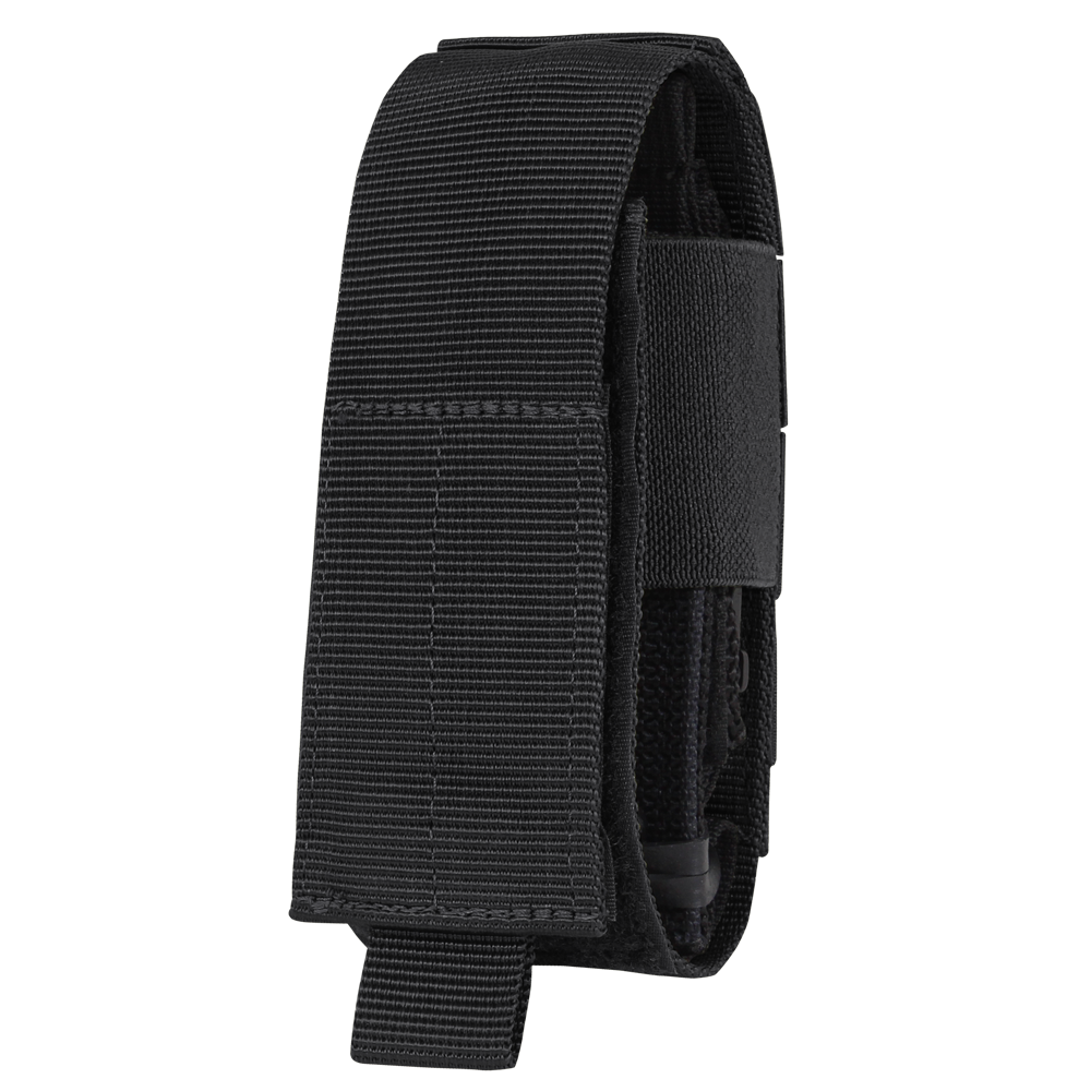 The Condor Universal TQ Pouch in black features a flap cover with hook-and-loop closure, is MOLLE compatible for easy attachment, and offers quick access to your tourniquet or small tools.