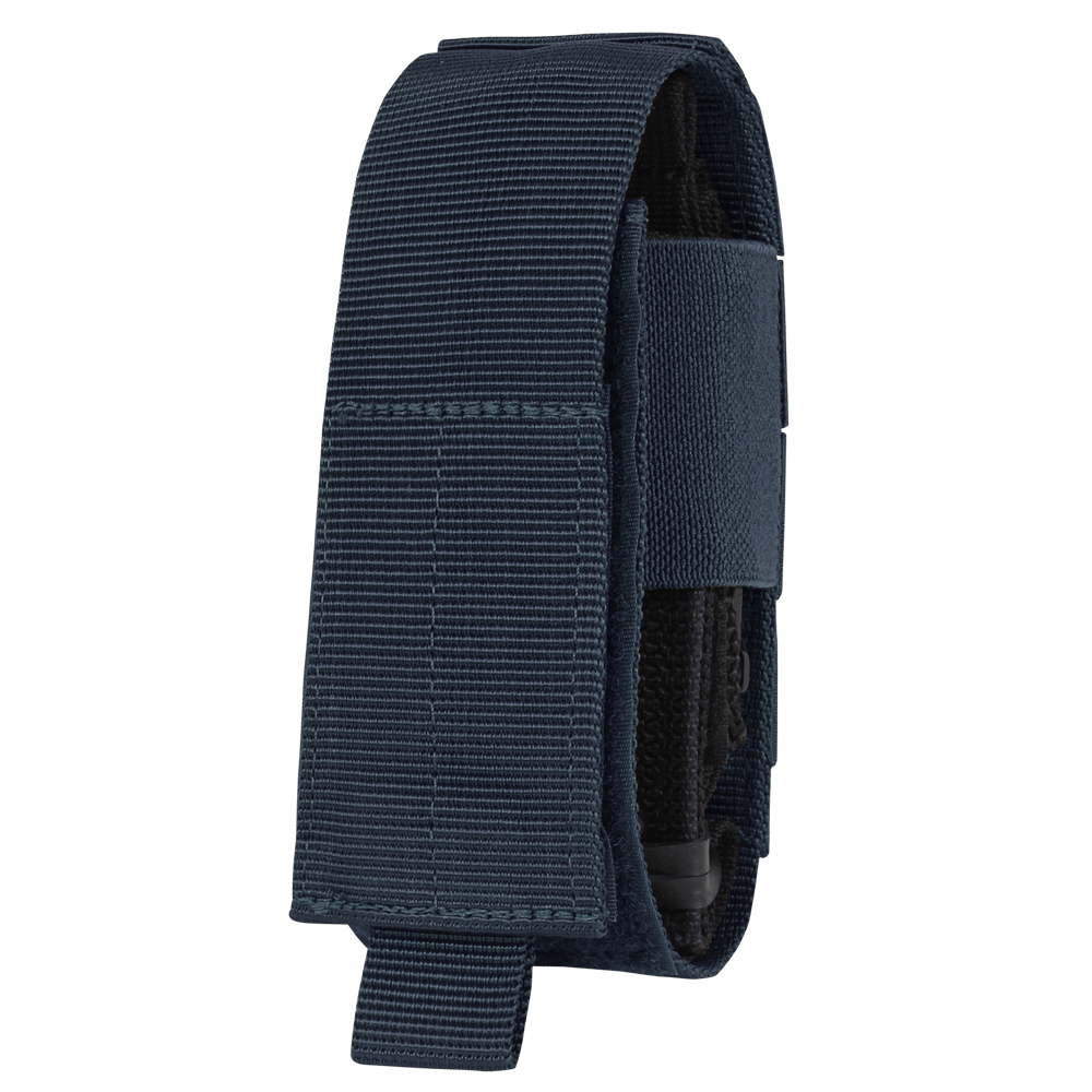 The Condor Universal TQ Pouch in navy nylon features a Velcro closure for tourniquet or small tool storage and is shown upright against a white background.