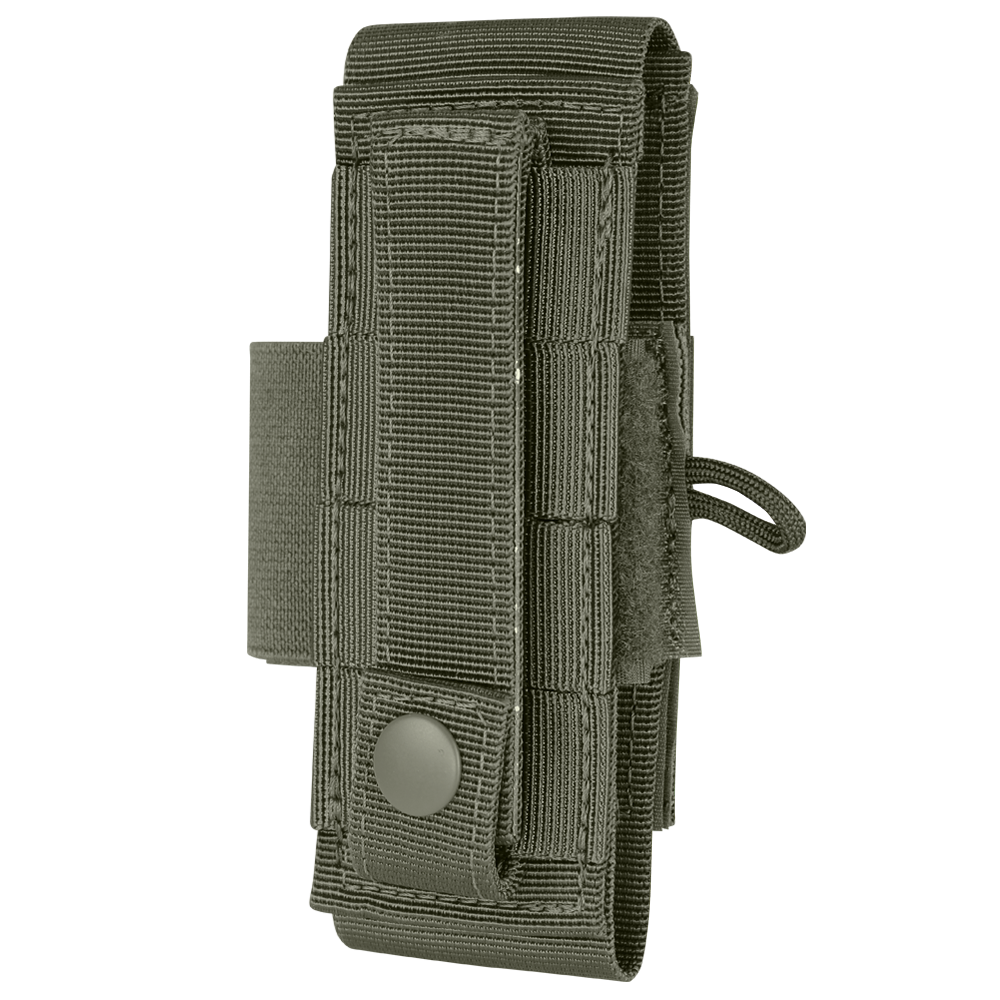 The Condor Universal TQ Pouch in green tactical nylon features a snap button flap, MOLLE webbing, and a side pull tab, displayed upright against a white background.