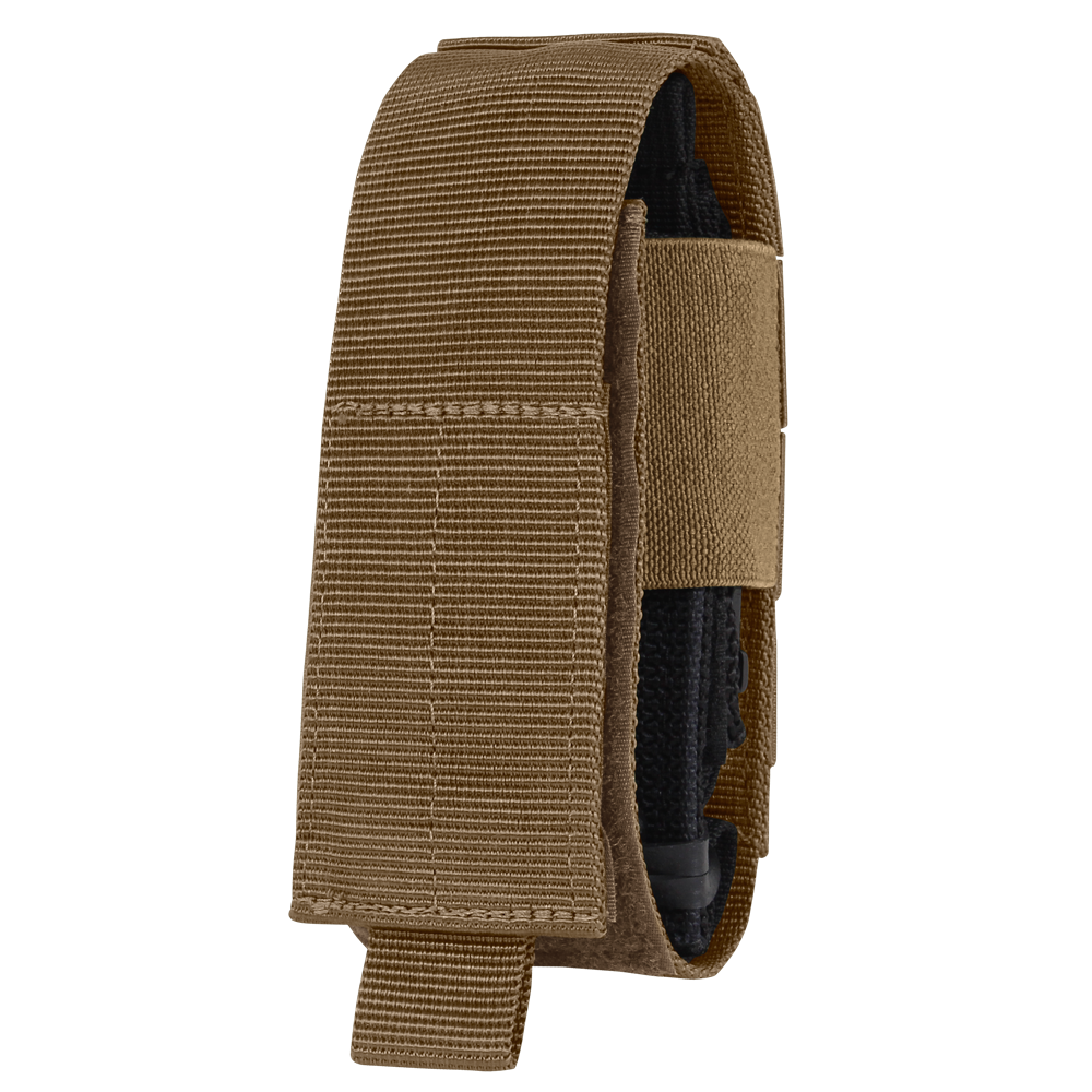 The Condor Universal TQ Pouch in Coyote Brown features hook and loop closure, is MOLLE compatible for easy attachment, and securely holds a tourniquet or similar medical devices for quick access.