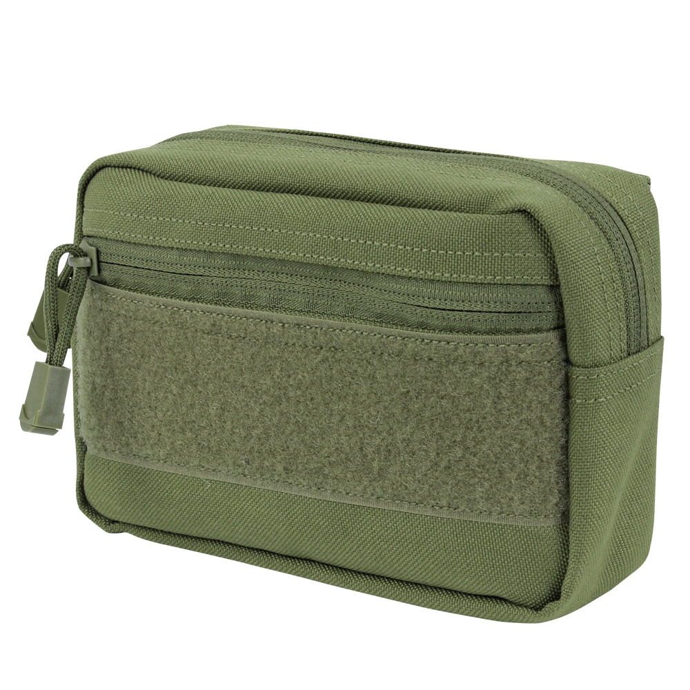 The Condor Compact Utility Pouch is a small, rectangular olive green bag with a front zipper pocket, Velcro patch, and main zippered compartment—ideal for EDC or organizing essentials at the shooting range.