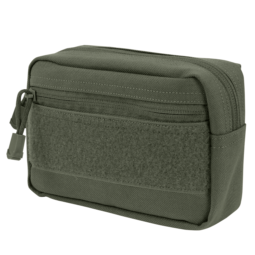 The Condor Compact Utility Pouch is an olive green rectangular zippered pouch with a front pocket and Velcro panel, crafted from durable fabric—perfect for military use or carrying essentials at the range.