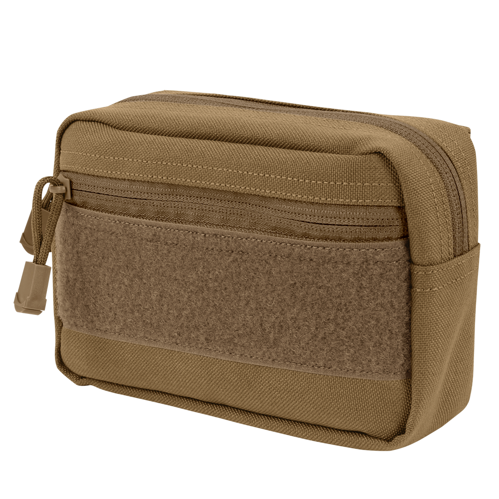 The Condor Compact Utility Pouch is a small tan zippered pouch with an exterior pocket and front Velcro panel, made from durable fabric—ideal for EDC or organizing essentials at the shooting range.